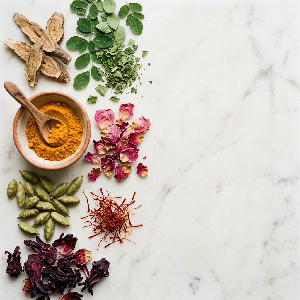 Premium botanical ingredients — turmeric, rose petals, cardamom, ashwagandha, moringa arranged on marble