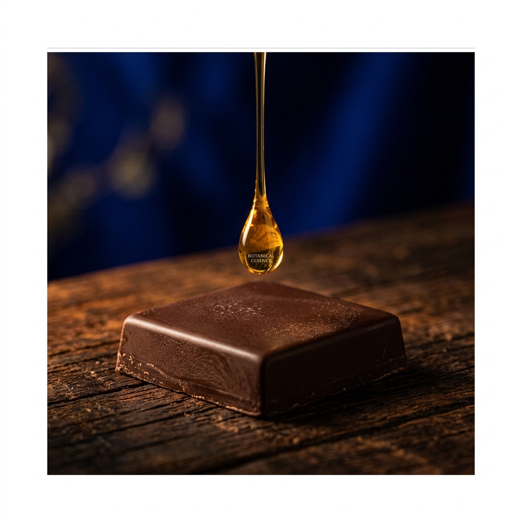 A single drop of golden botanical oil falling on dark chocolate