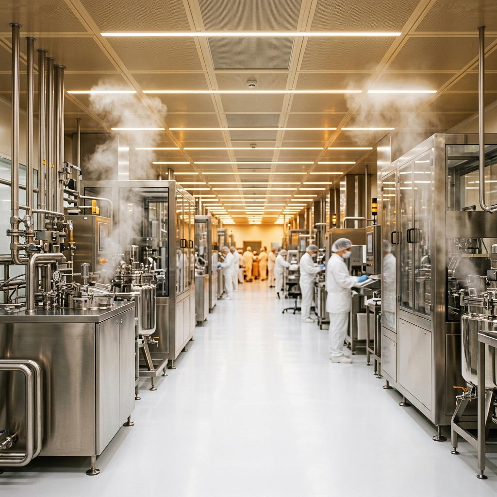Stainless steel premium food manufacturing facility with clean-room workers