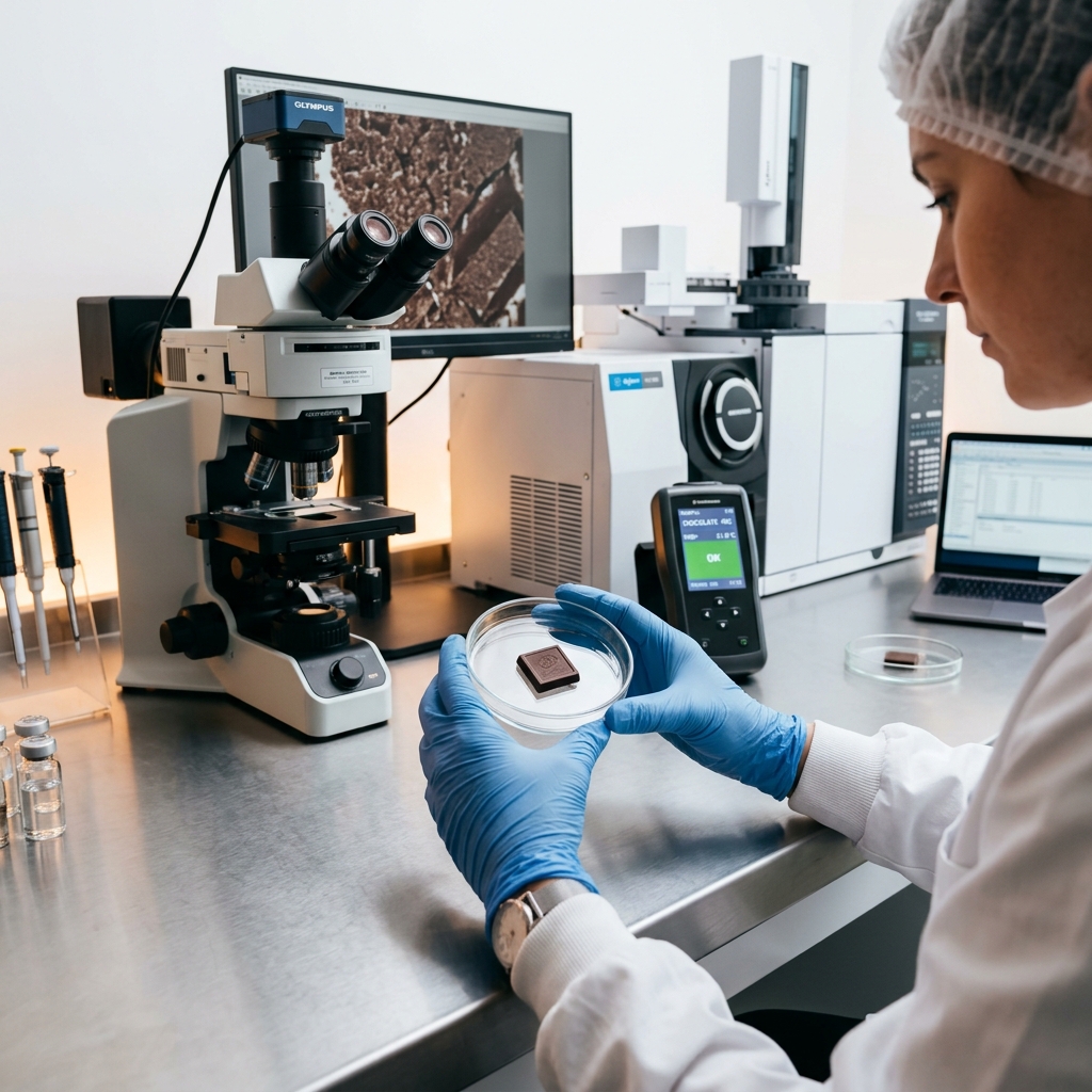 Food safety laboratory — gloved hands holding chocolate sample with microscope