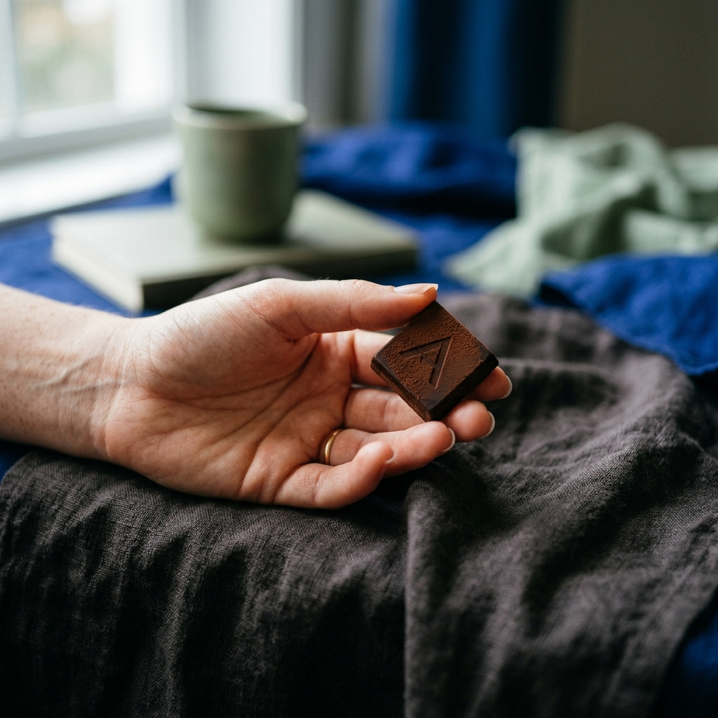 A hand gently holding dark chocolate in soft morning light